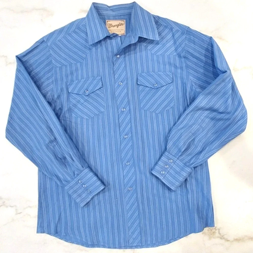 Wrangler Pearl Snap Shirt Mens Size L Blue Striped with‎ Pockets Cowboy